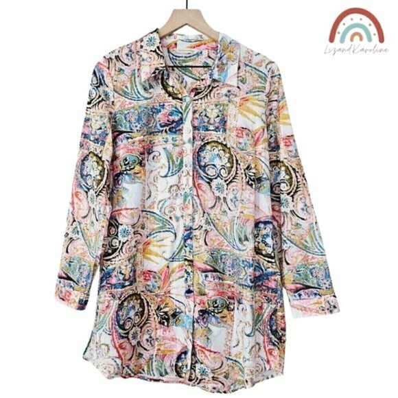 Soft Surroundings Kira Paisley Button Down Shirt Tunic Longline Blouse Top - Picture 2 of 12
